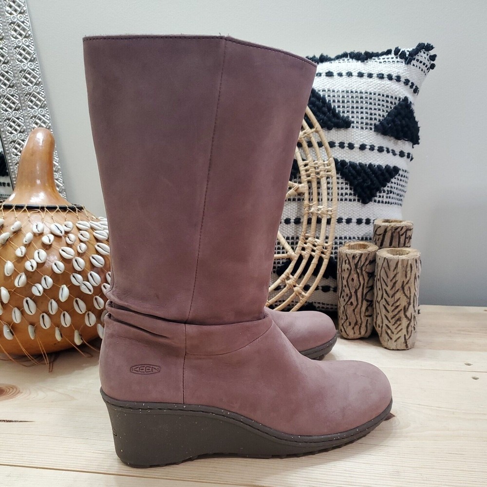 Keen Akita Wedge Slouchy Boots Mid Calf Pull On Mauve Leather Women's 10/40.5